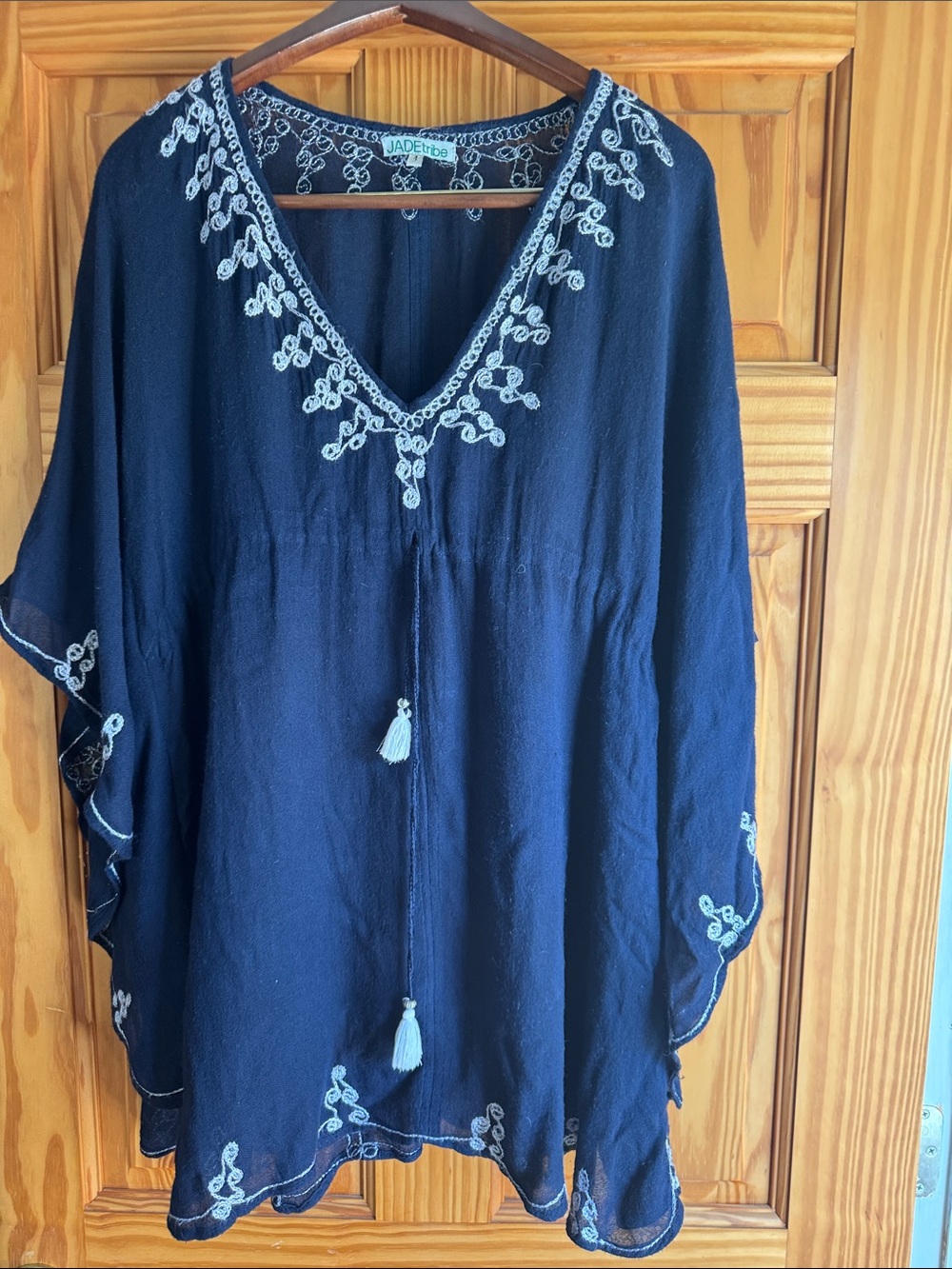 Jade Navy Blue Embroidered Swim Coverup with Tassels